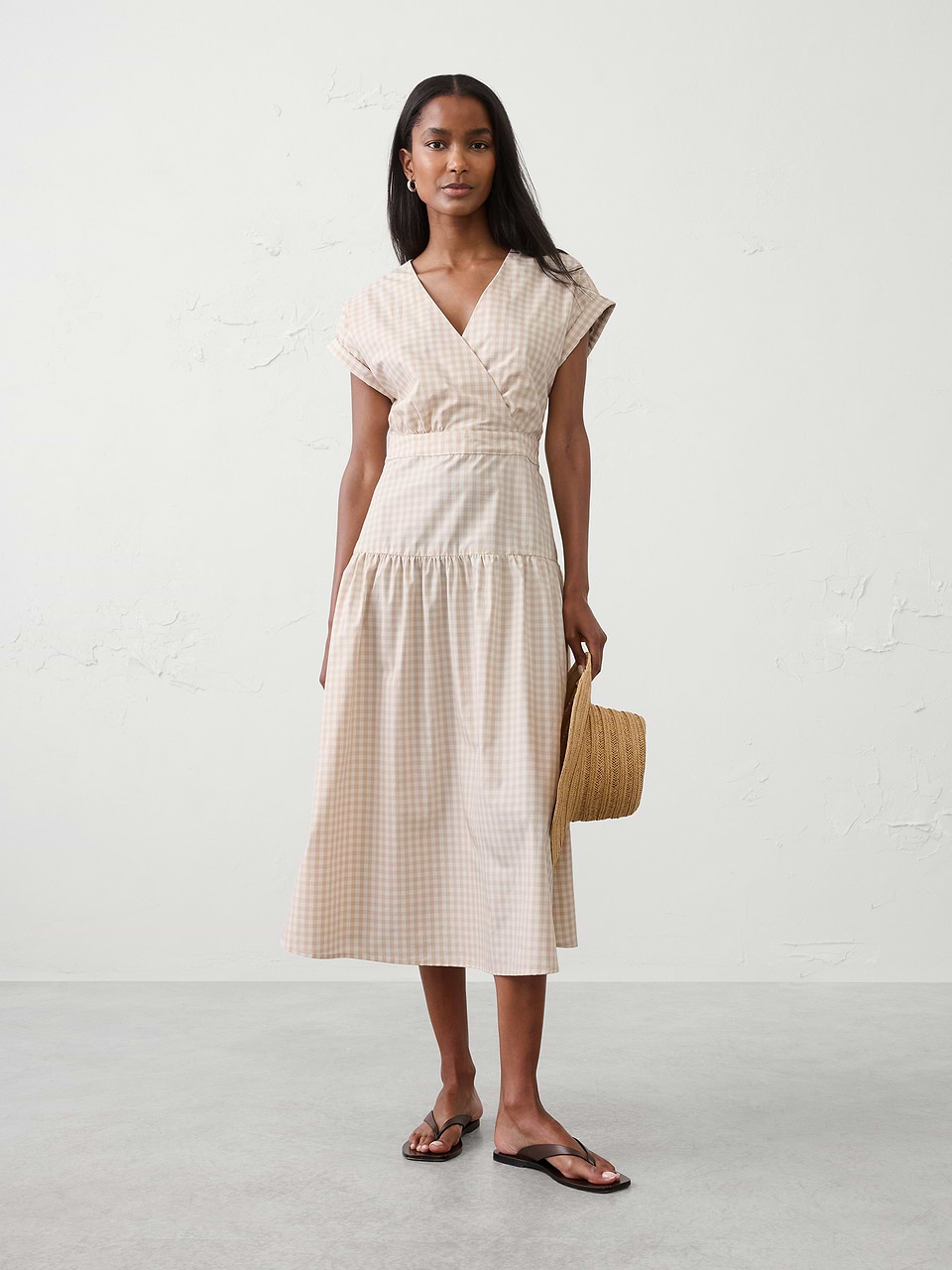 banana republic brown and white dress Poplin Surplice Midi FITS EVERYBODY SLIP DRESS