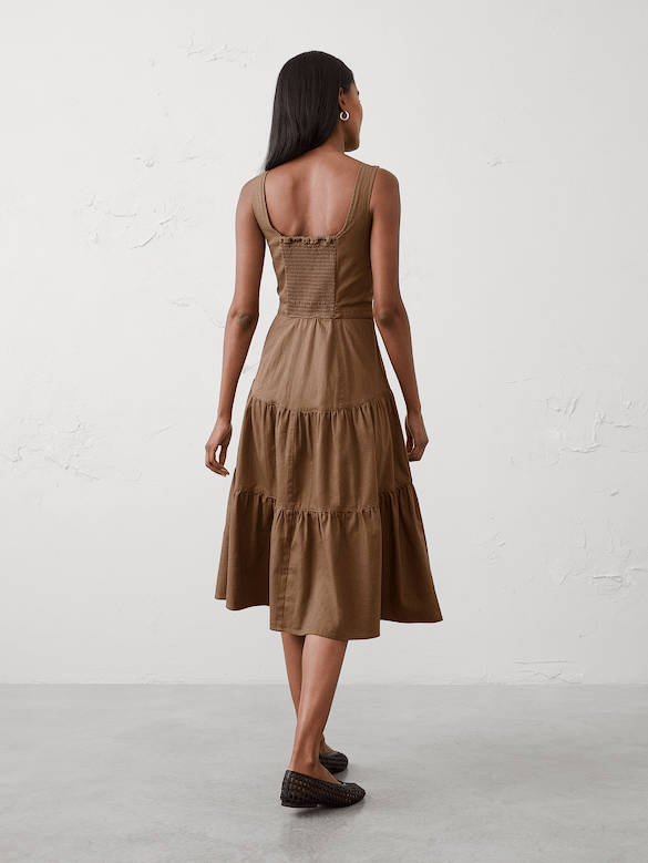 Square-Neck Tiered Denim Midi Dress