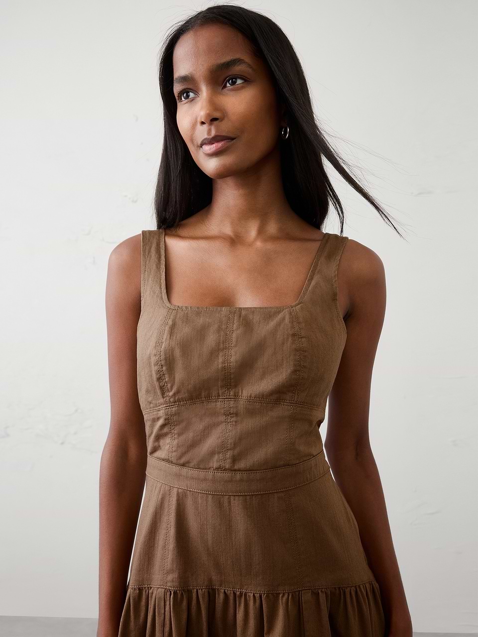 brown denim midi dress Women's Square-Neck Tiered Earth Petite Size 10 Movie Trailer of the Evening Outfits Practical front pockets keep Colour:Silver grey