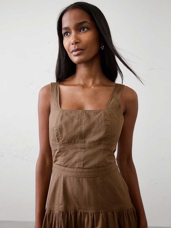 Square-Neck Tiered Denim Midi Dress