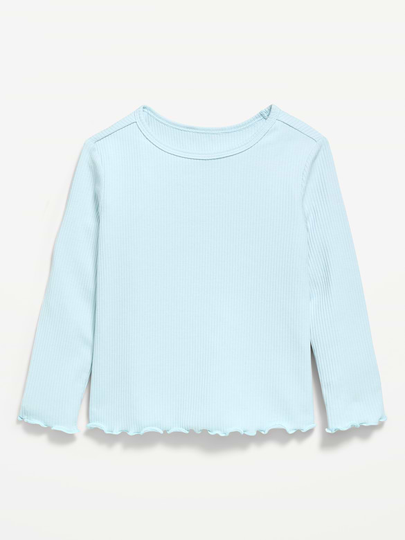 Fitted Long-Sleeve Ribbed Lettuce-Edge T-Shirt for Toddler Girls