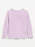 Image number 1 showing, Fitted Long-Sleeve Ribbed Lettuce-Edge T-Shirt for Toddler Girls