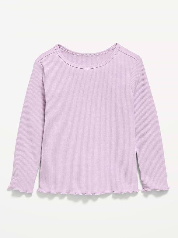 Fitted Long-Sleeve Ribbed Lettuce-Edge T-Shirt for Toddler Girls