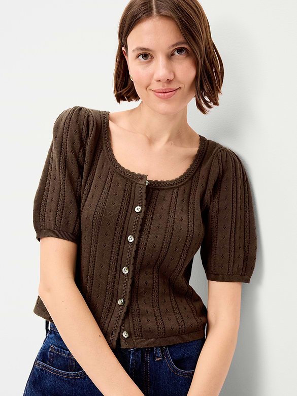 Seaside Cotton Short-Sleeve Button-Down Sweater