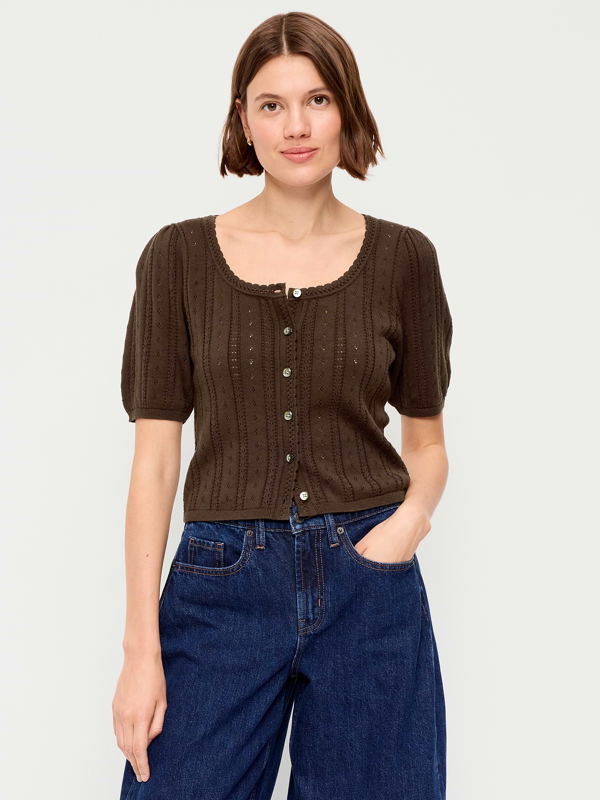 Seaside Cotton Short-Sleeve Button-Down Sweater