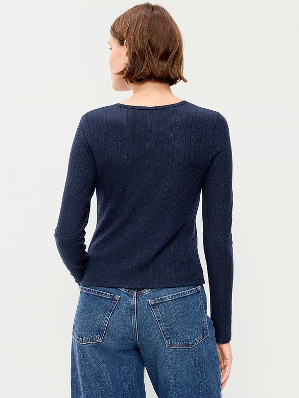 Long-Sleeve Button-Front Cutout Pointelle Top