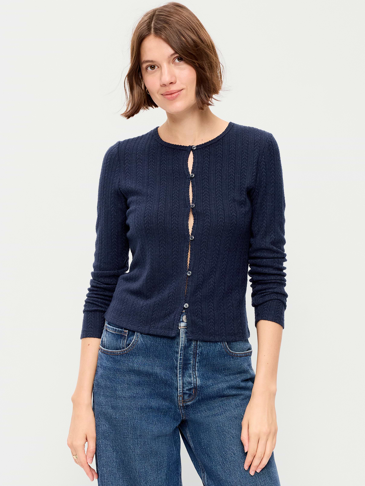 Long-Sleeve Button-Front Cutout Pointelle Top