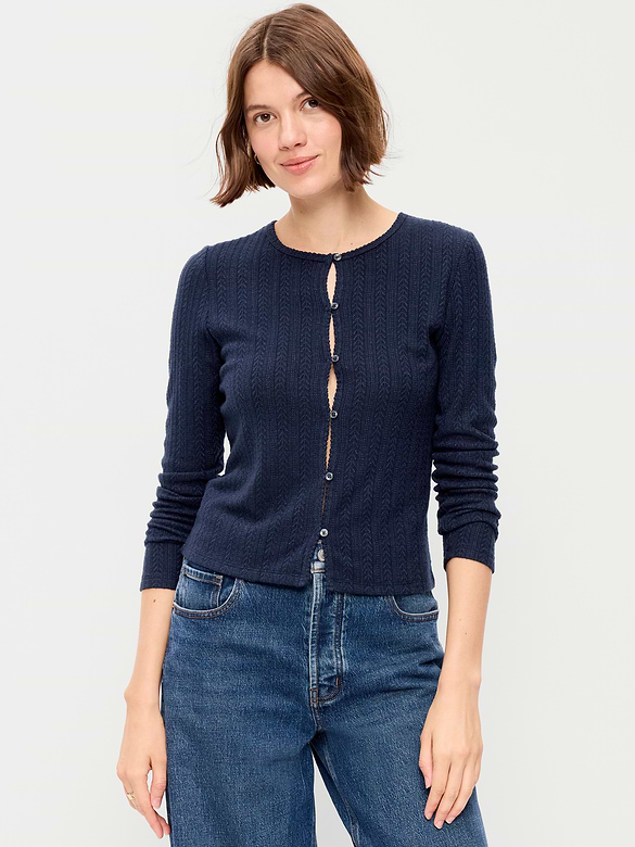Long-Sleeve Button-Front Cutout Pointelle Top