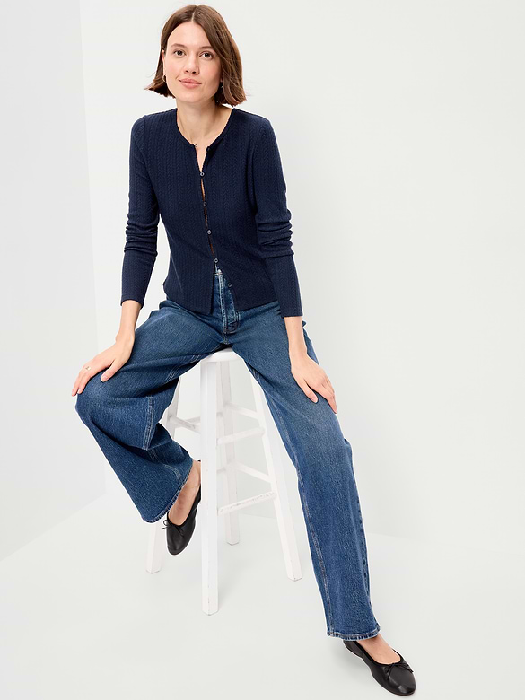 Long-Sleeve Button-Front Cutout Pointelle Top