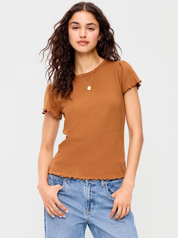 Image number 1 showing, Lettuce-Edge Pointelle Top