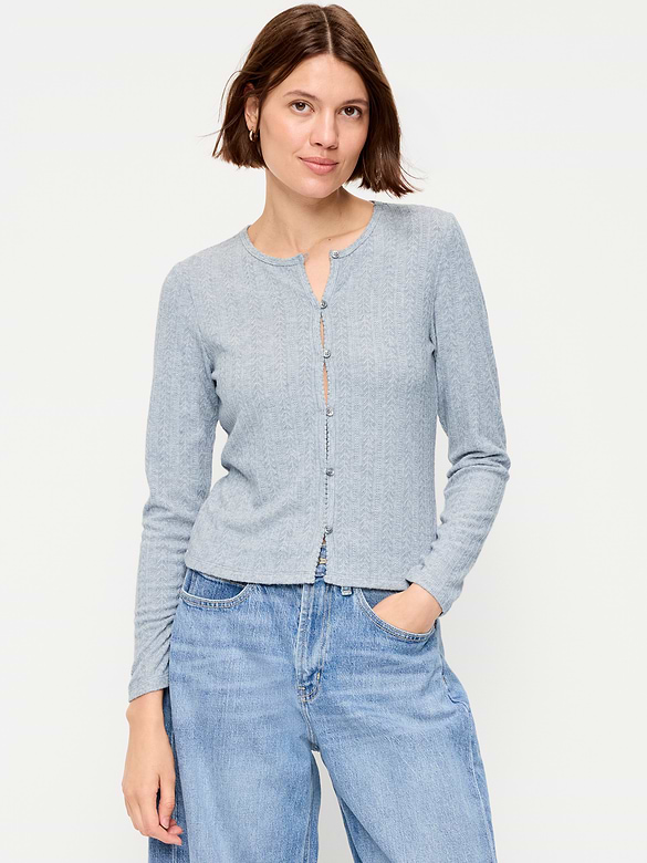 Long-Sleeve Button-Front Pointelle Top