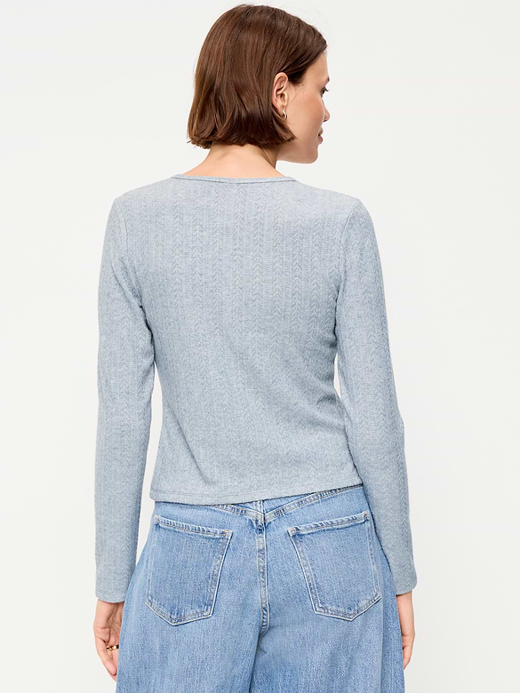 Long-Sleeve Button-Front Pointelle Top