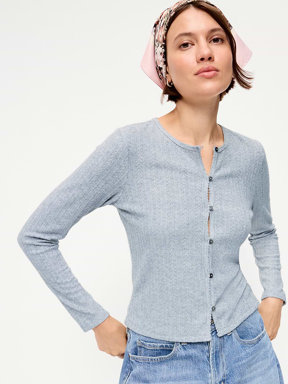 Long-Sleeve Button-Front Pointelle Top