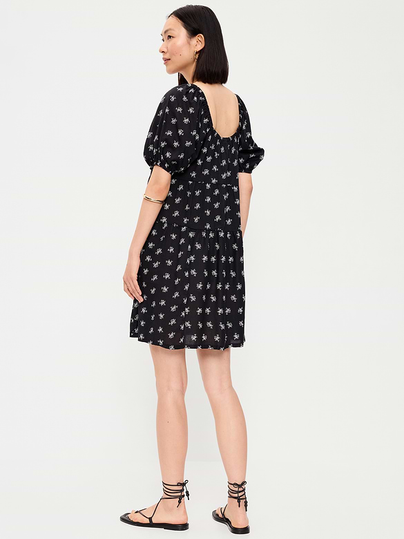 Puff-Sleeve Smocked Mini Swing Dress