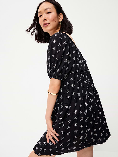 old navy black floral dress Child Size 5 square neck short puffy sleeves shirred tiered skirt relaxed fit hits at thigh hits above kneemodels are approx Shop the Old Navy x