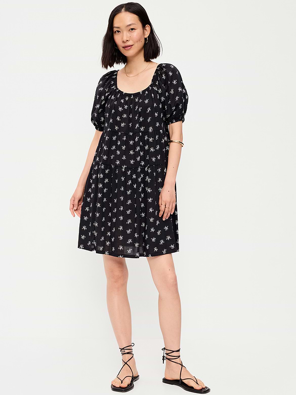 Puff-Sleeve Smocked Mini Swing Dress