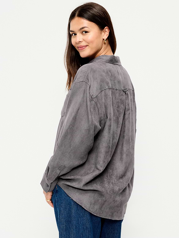 Oversized Faux-Suede Button-Down Boyfriend Shirt