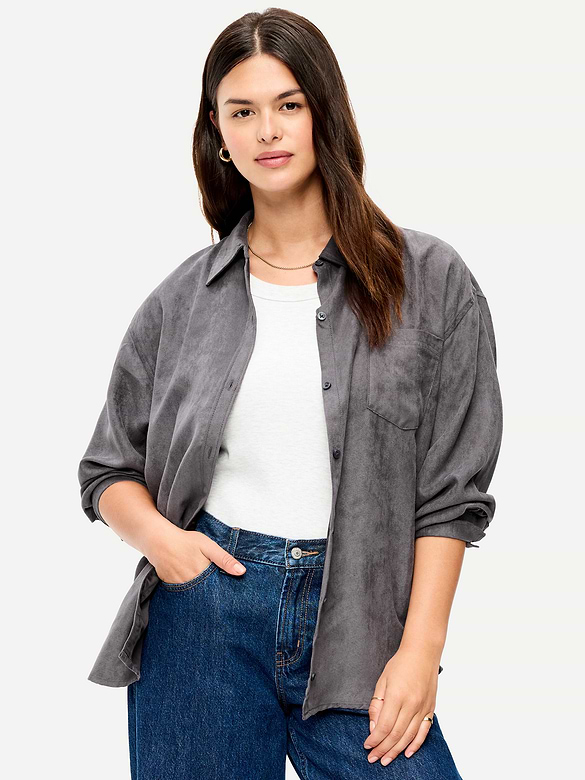 Oversized Faux-Suede Button-Down Boyfriend Shirt