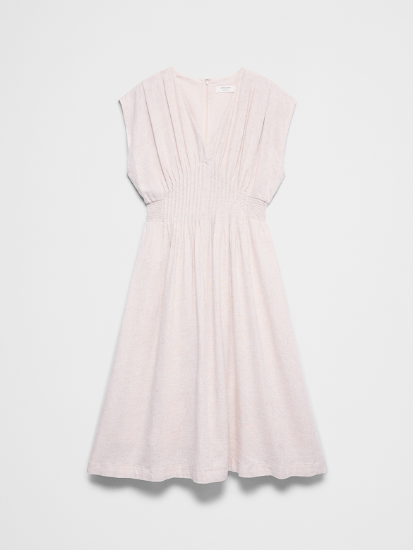 Linen-Blend Pleated-Waist Midi Dress