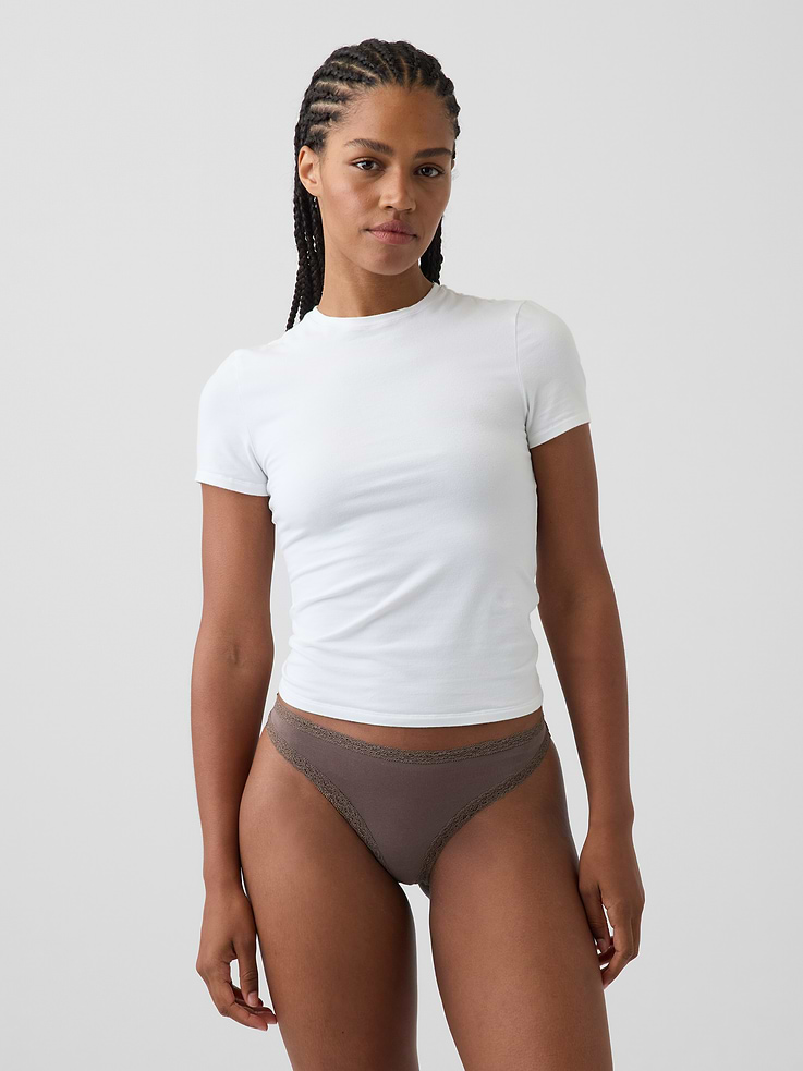 Image number 1 showing, SoftMade Organic Stretch Cotton Lace-Trim Thong