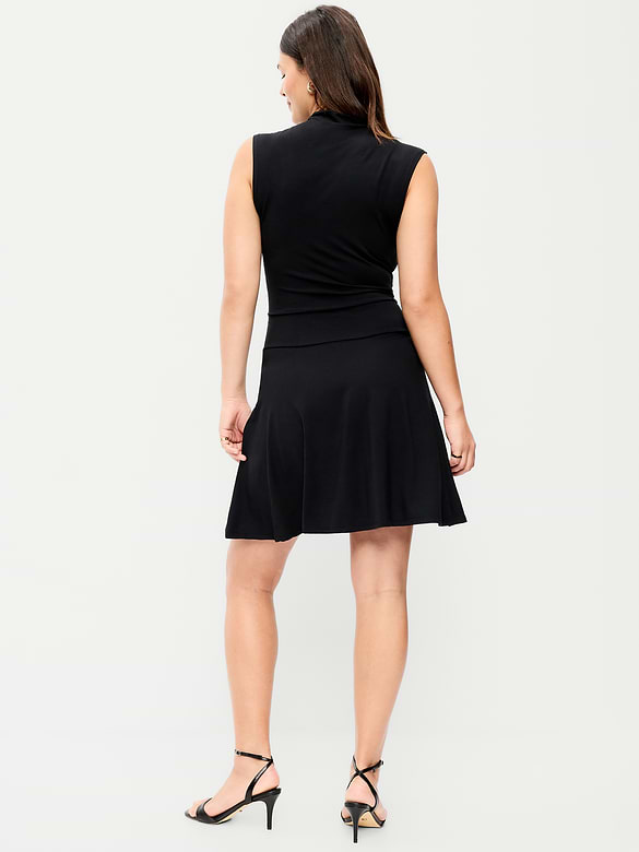 Gathered Mock-Neck Drop-Waist Mini Dress