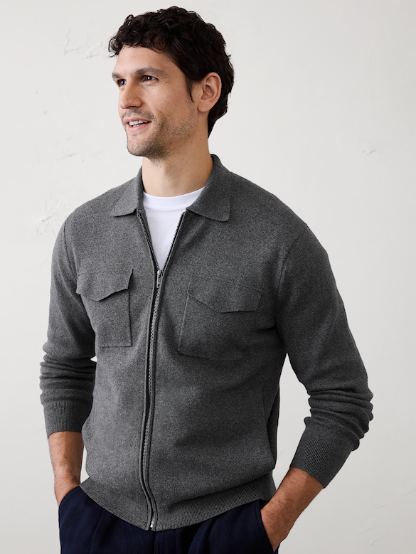 Chest-Pocket Zip Sweater Jacket