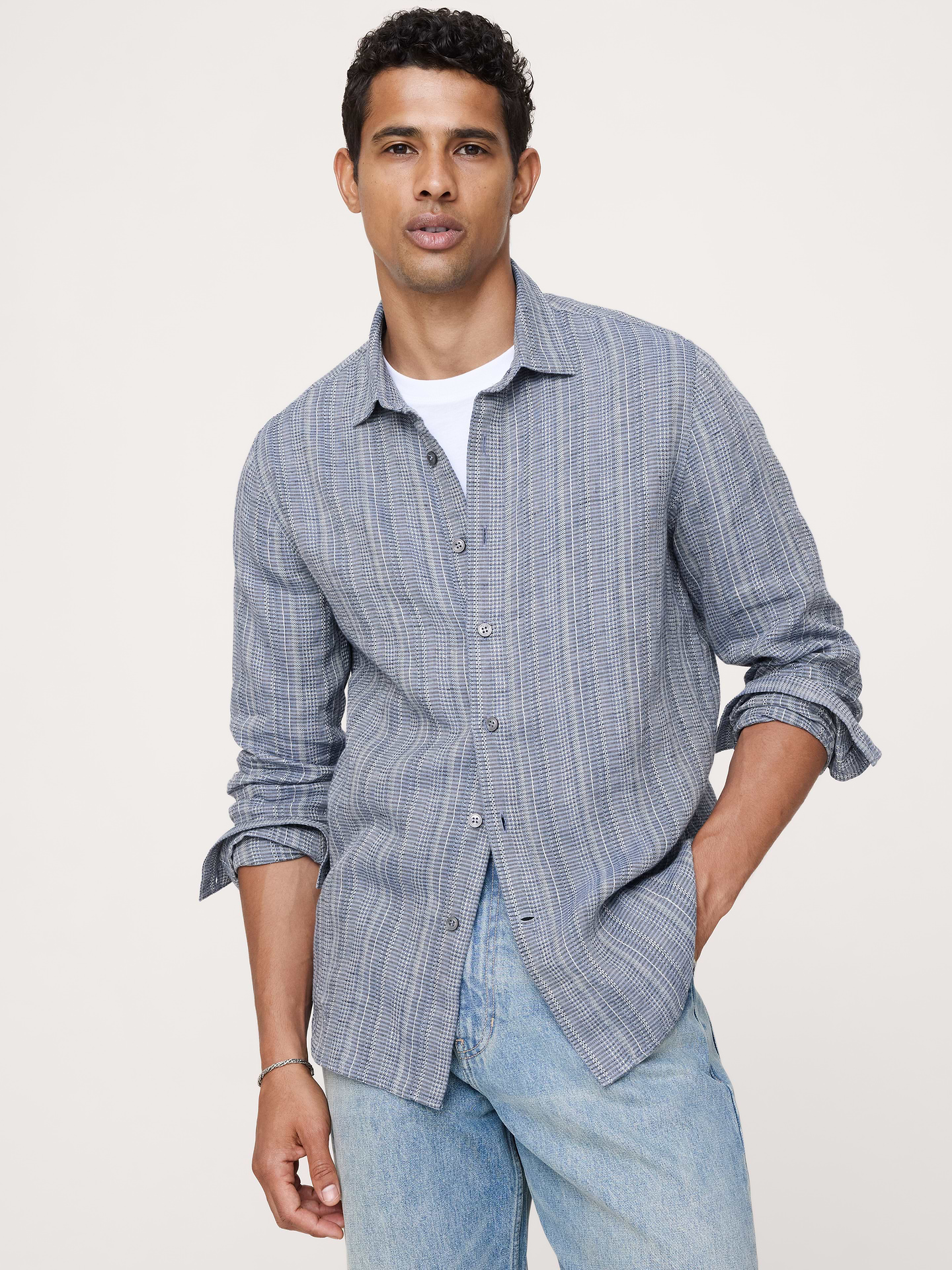 Image number 1 showing, Standard-Fit Textured Linen-Cotton Shirt