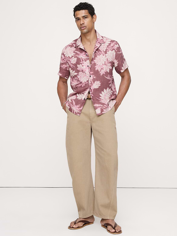 Chemise de vacances classique en lin à motif floral à coupe standard