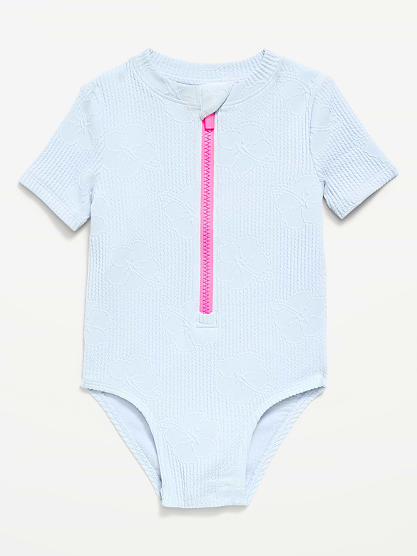 Textured Zip-Front Rashguard One-Piece Swimsuit for Toddler Girls