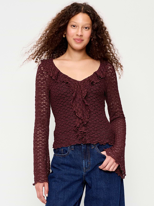 Fitted Bell-Sleeve Ruffle Top