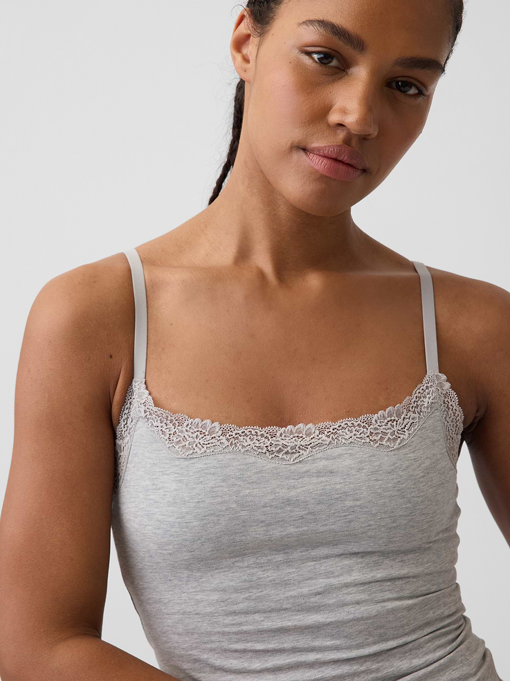 Image number 3 showing, Organic Stretch Cotton Lace-Trim Shelf-Bra Cami