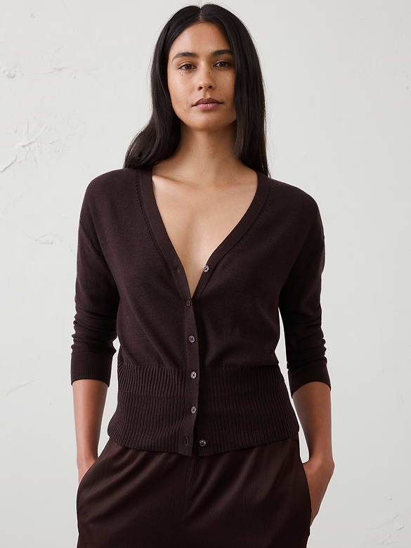 Merino Wool V-Neck Cropped Cardigan Sweater