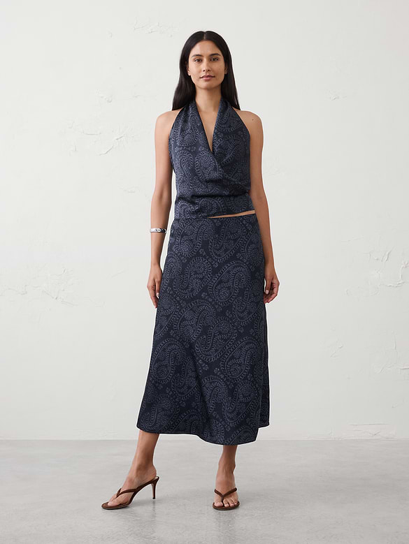 Crushed Satin Midi Slip Skirt