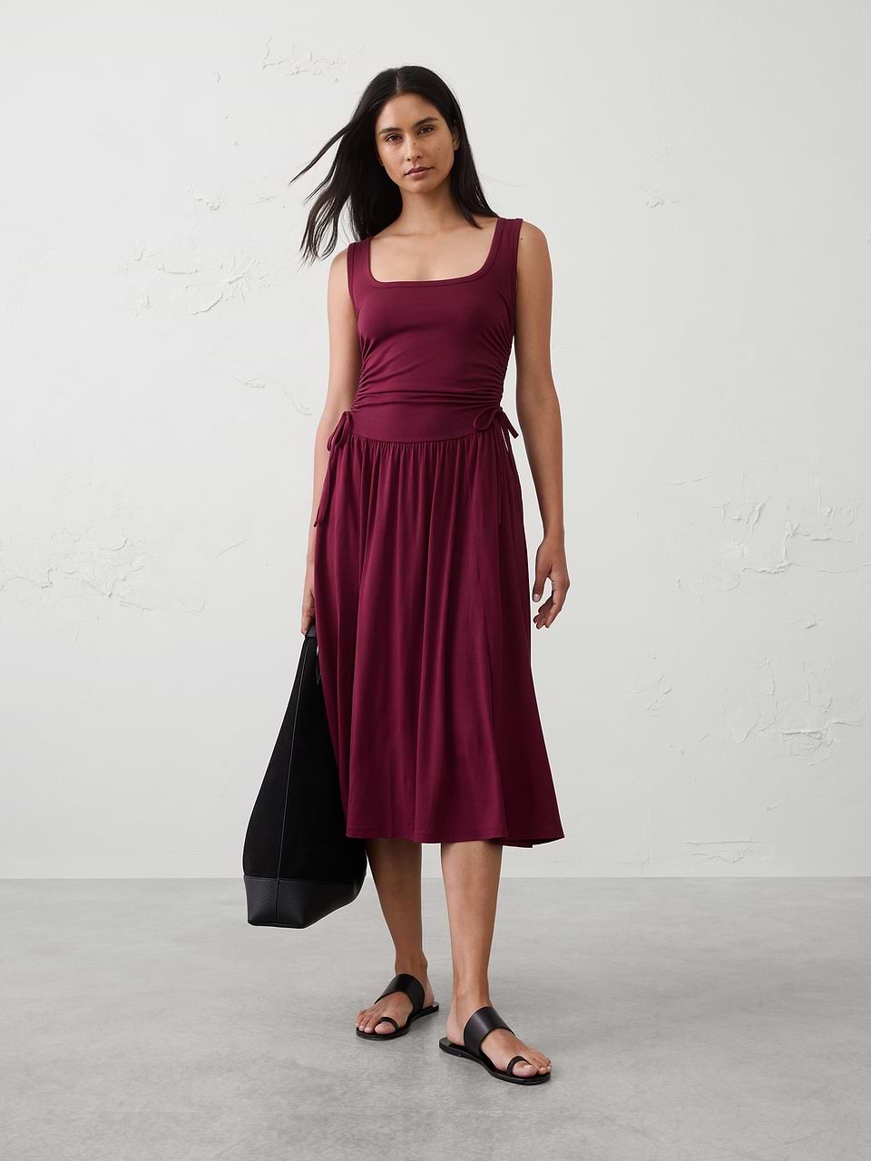 shirred waist knit dress Women's Shirred-Waist Midi Bright Wine Petite Size S Ladies dresses