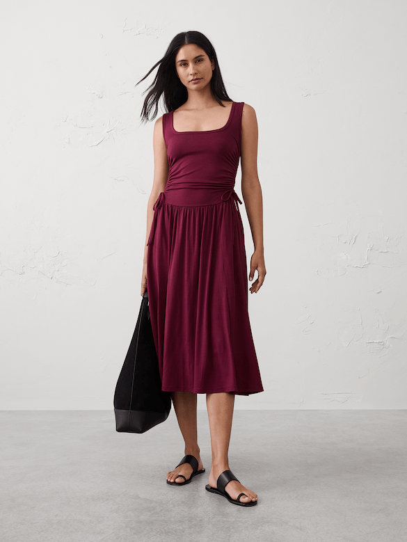 Knit Shirred-Waist Midi Dress
