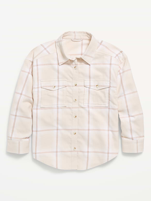 Oversized Long-Sleeve Utility Pocket Flannel Shirt for Girls