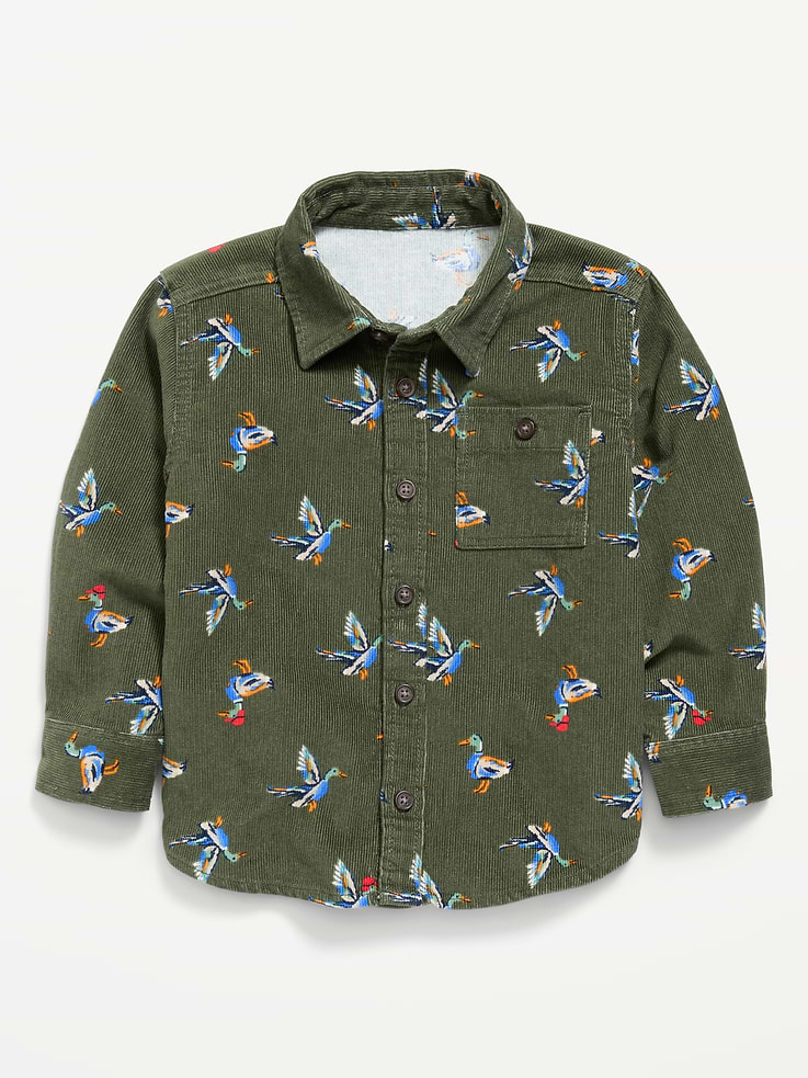 Image 1 of 2, spread collar, long sleeves, buttoned cuffs, full button front, buttoned patch pocket at chest, all-over print, Product #908530