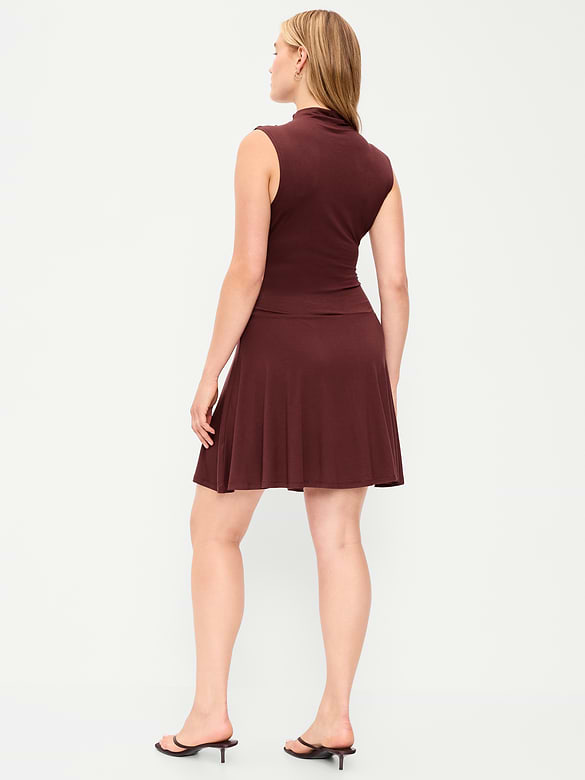 Gathered Mock-Neck Drop-Waist Mini Dress