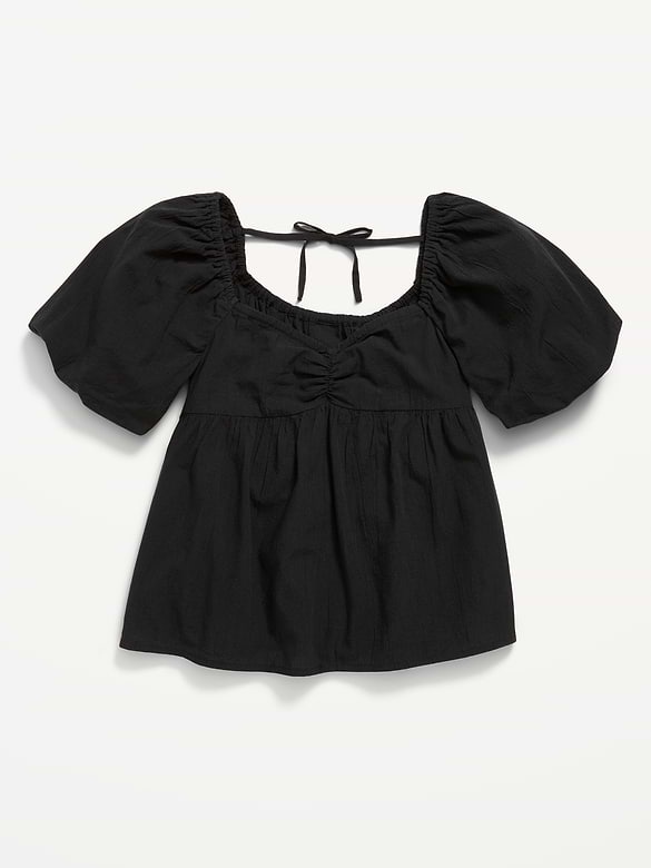 Puff-Sleeve Tie-Back Crinkled Top for Girls