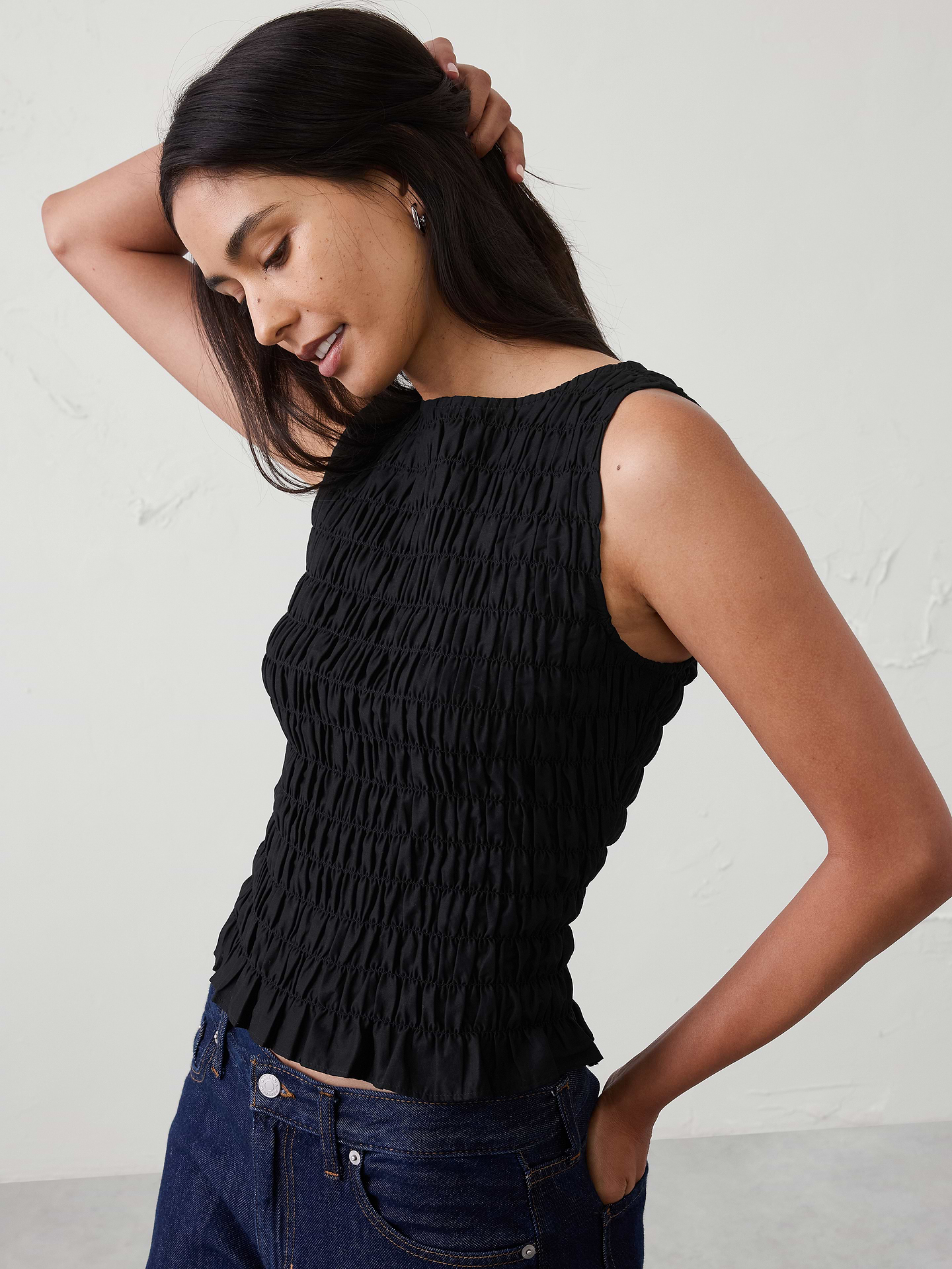 Image number 1 showing, Boatneck Smocked Cropped Top