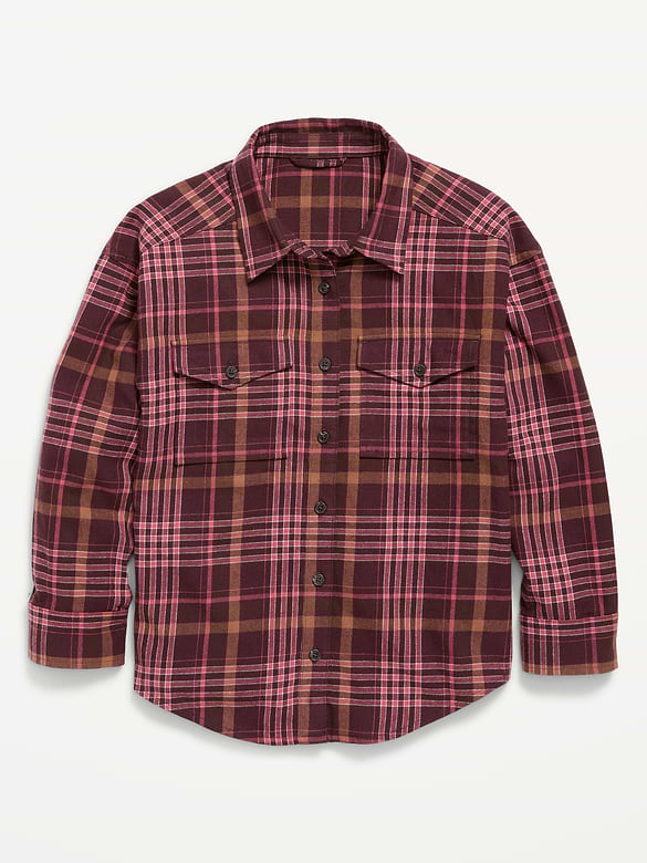 Oversized Long-Sleeve Utility Pocket Flannel Shirt for Girls