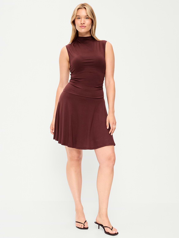 Gathered Mock-Neck Drop-Waist Mini Dress