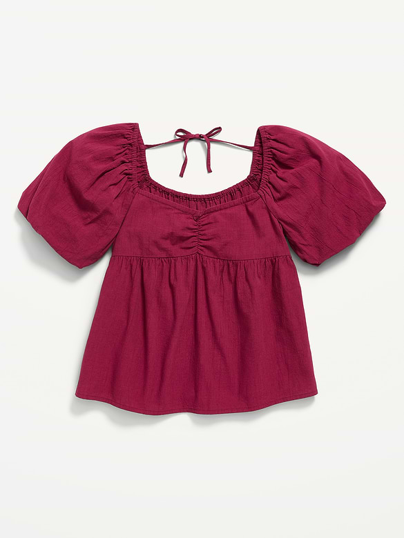 Puff-Sleeve Tie-Back Crinkled Top for Girls