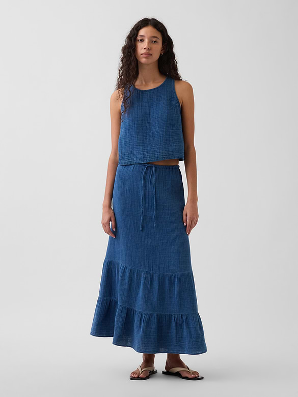 Cotton Gauze Denim Tiered Easy Maxi Skirt