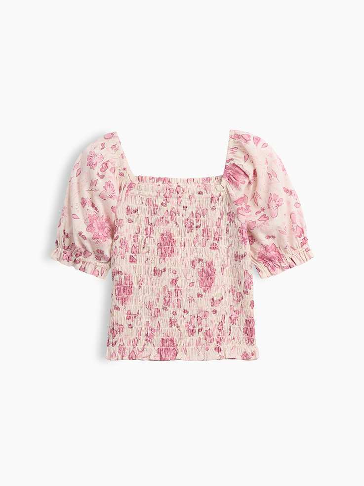 Image 1 of 3, Smooth weave., Elbow-length puff sleeves with elasticized shoulders and cuffs., Stretch square neckline., Smocking at front and back., Shirring at peplum hem., Select styles have allover print, stripes, or plaid., Product #1179703