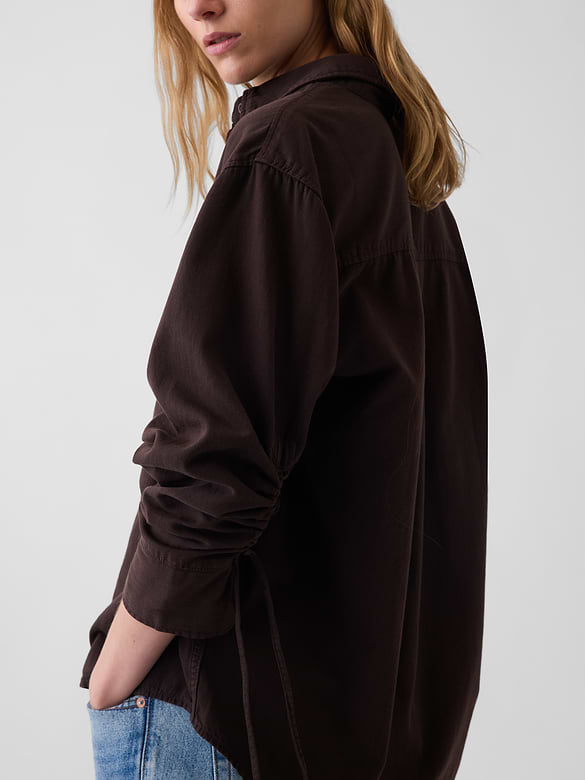 Denim Oversized Ruched-Sleeve Shirt