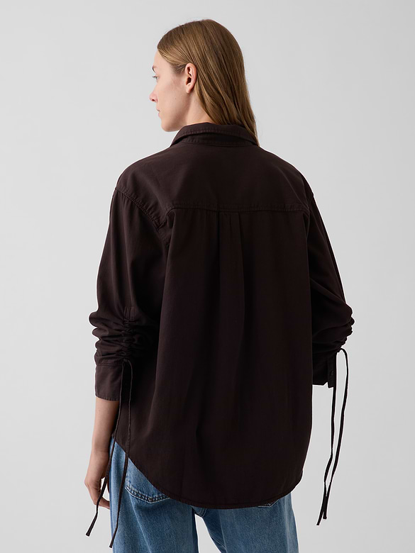 Denim Oversized Ruched-Sleeve Shirt