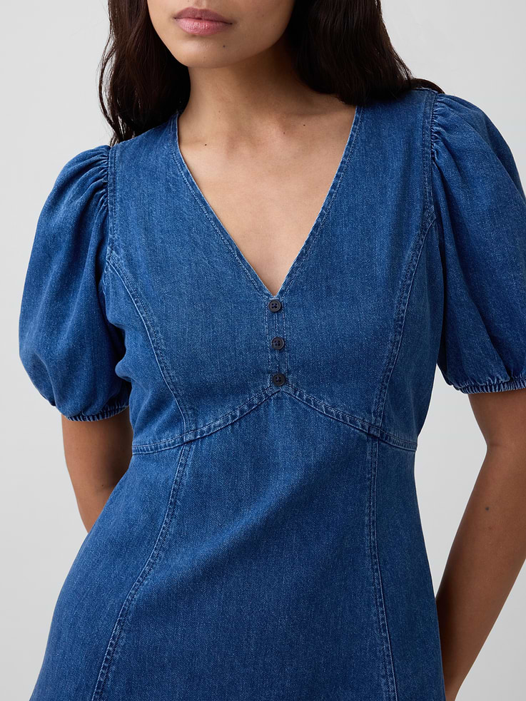 Image 3 of 4, Denim Puff Sleeve Mini Dress
