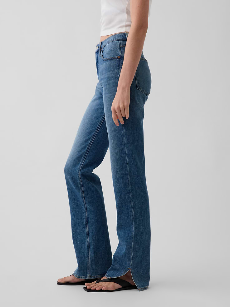 L'image numéro 3 présente Jean droit décontracté à taille mi-basse à ourlet fendu