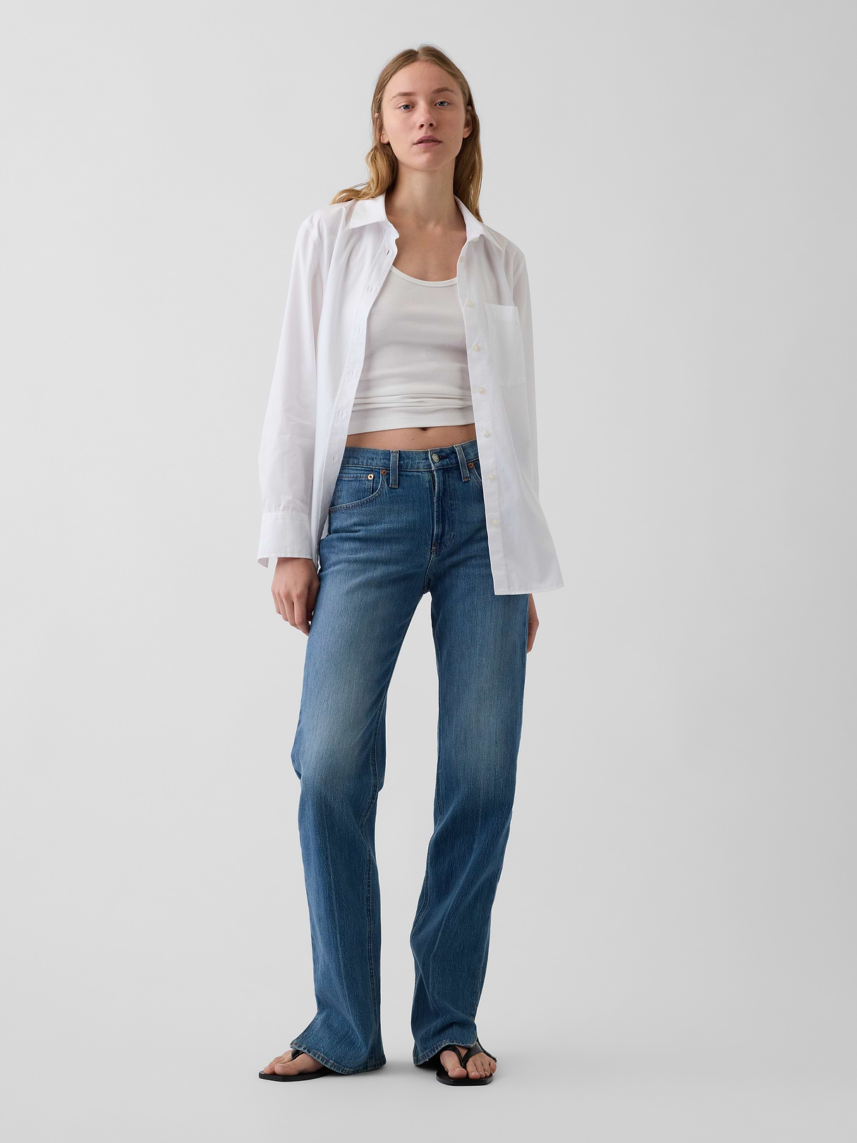 Mid Rise Split-Hem Relaxed Straight Jeans - Medium indigo by Gap
